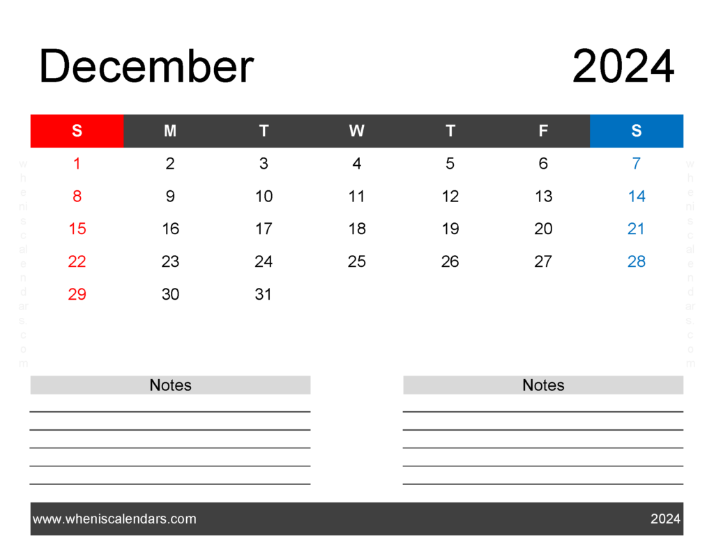 Download Printable monthly Calendar for December 2024 Letter Horizontal 124243
