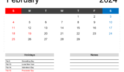February Calendar 2024 Editable F2163