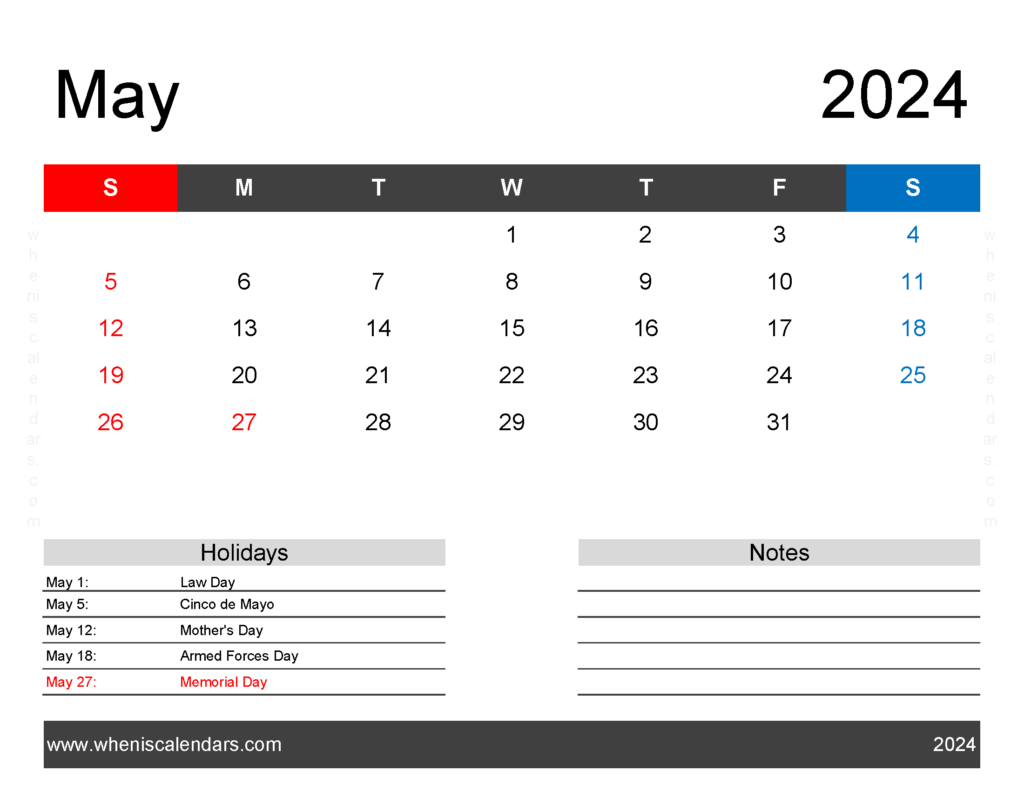 Download May Calendar 2024 editable Letter Horizontal 54163