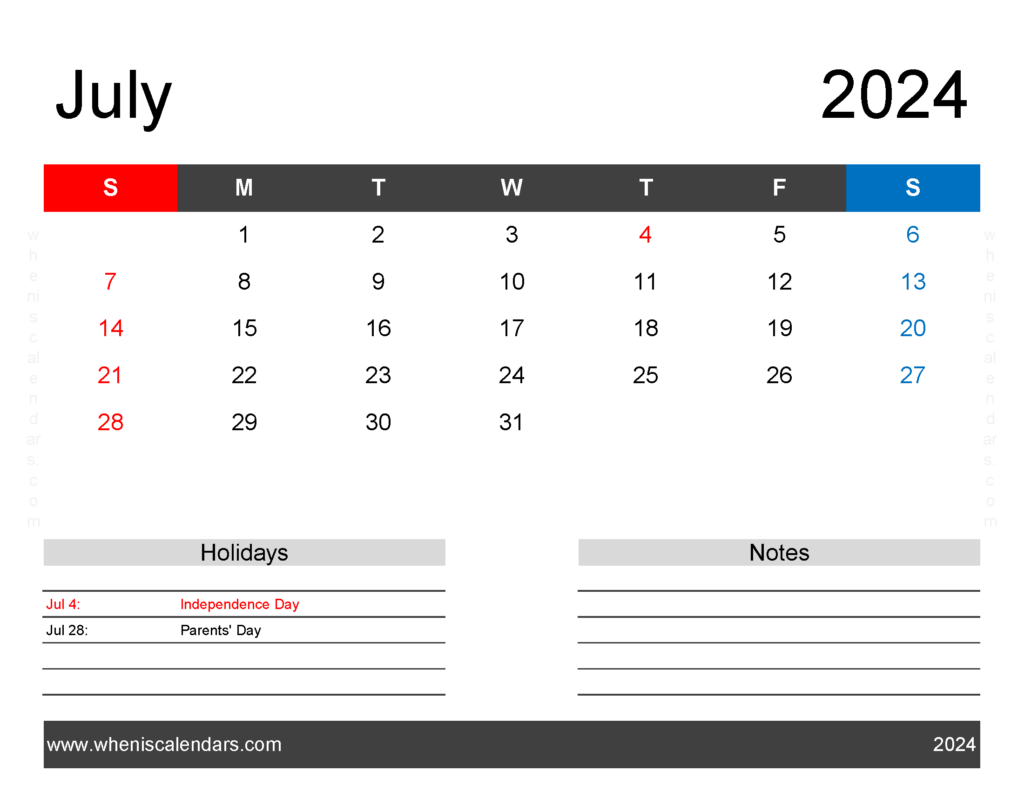 Download July Calendar 2024 editable Letter Horizontal 74163
