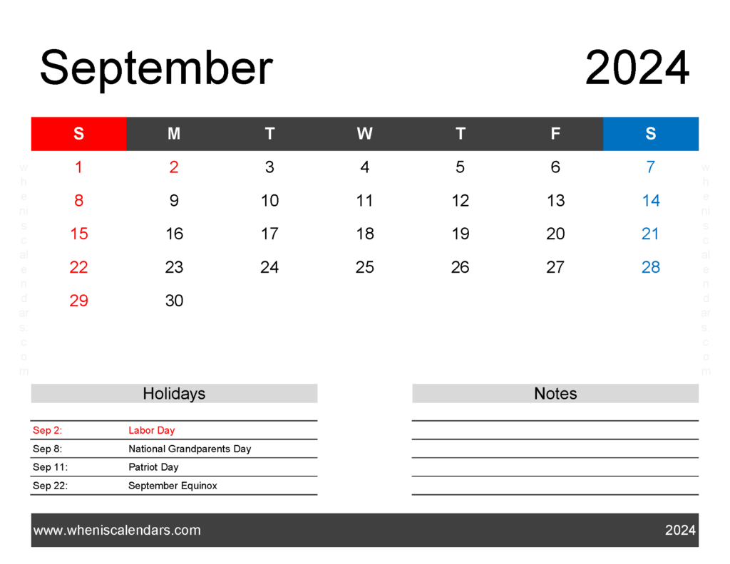 Download September Calendar 2024 editable Letter Horizontal 94163