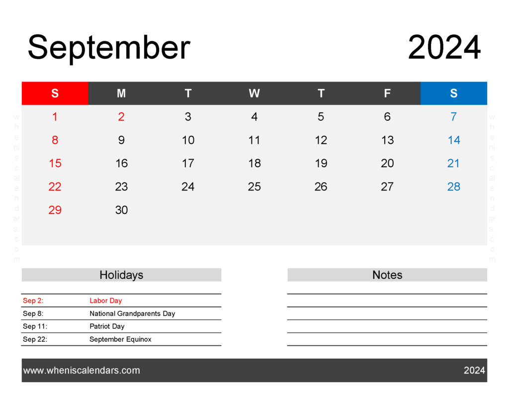 Download monthly Calendar Printable September 2024 Letter Horizontal 94164