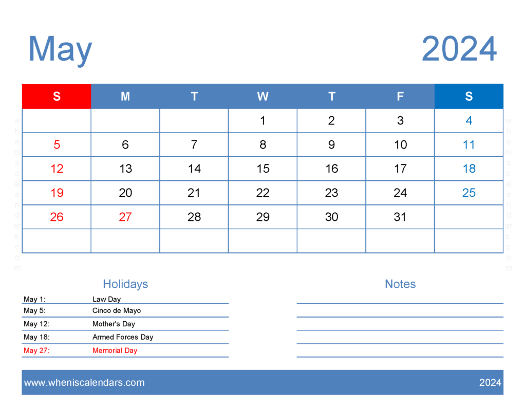 Download print a Calendar com May 2024 Letter Horizontal 54165