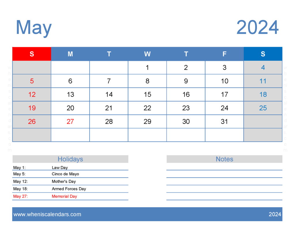 Download Free Calendar Printable May 2024 Letter Horizontal 54166