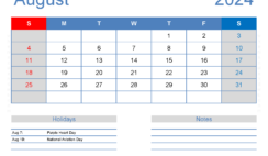 Free Calendar Printable August 2024 A8166