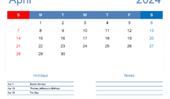 Calendar Template 2024 April A4167