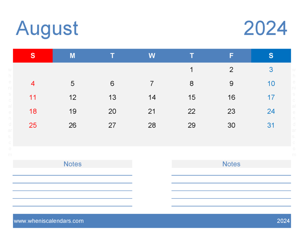 Download Printable Calendar August 2024 Free Letter Horizontal 84248