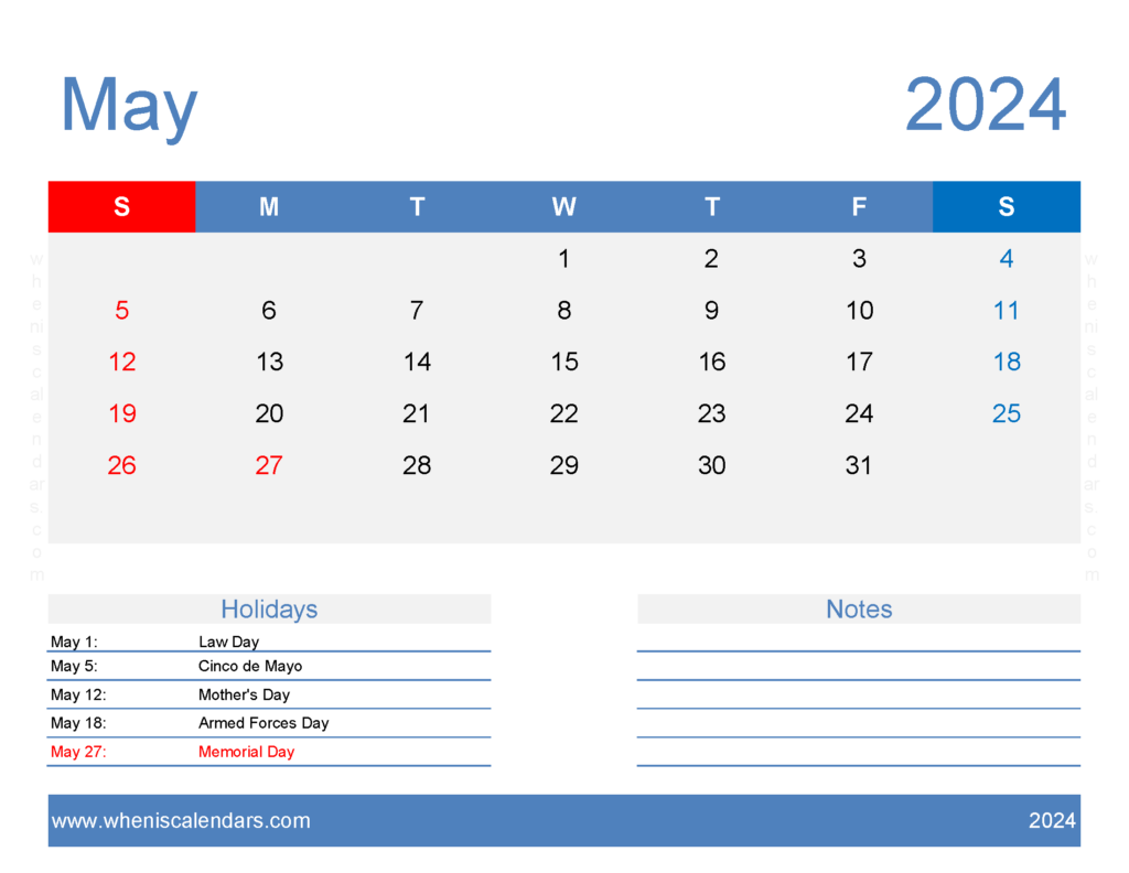 Download Blank May Calendar Template 2024 Letter Horizontal 54168