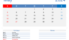 Blank May Calendar Template 2024 M5168