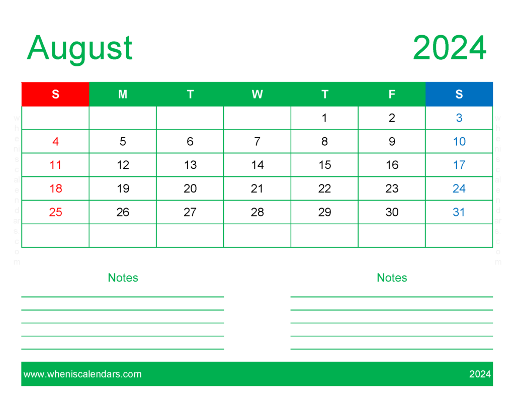 Download August 2024 Calendar Printable word Letter Horizontal 84249