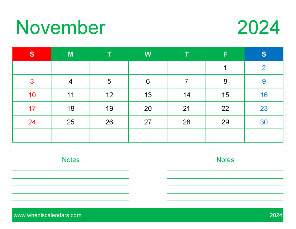 Download November 2024 Calendar Printable word Letter Horizontal 114249