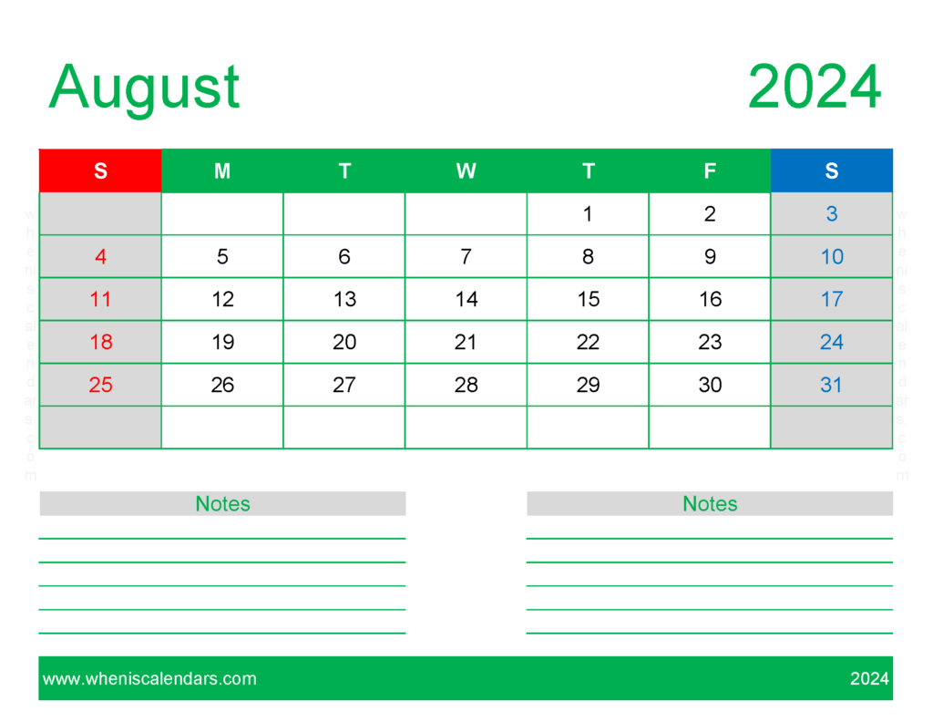 Download print Free Calendar August 2024 Letter Horizontal 84250