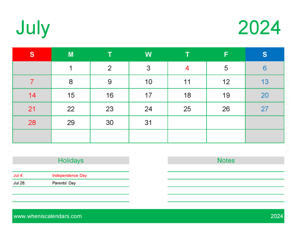 Download Blank Calendar pages July 2024 Letter Horizontal 74170