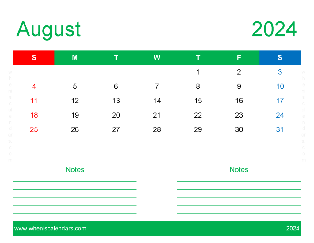 Download August empty Calendar 2024 Letter Horizontal 84251