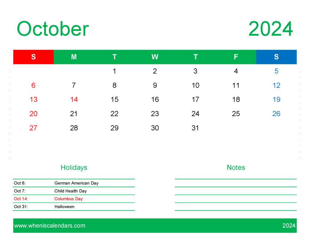 Download Free Printable October 2024 Calendar Pdf Letter Horizontal 104171