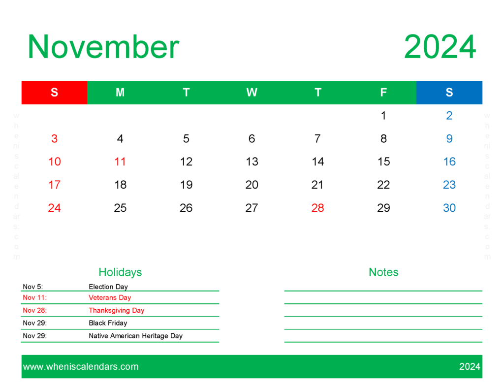 Download Free Printable November 2024 Calendar pdf Letter Horizontal 114171