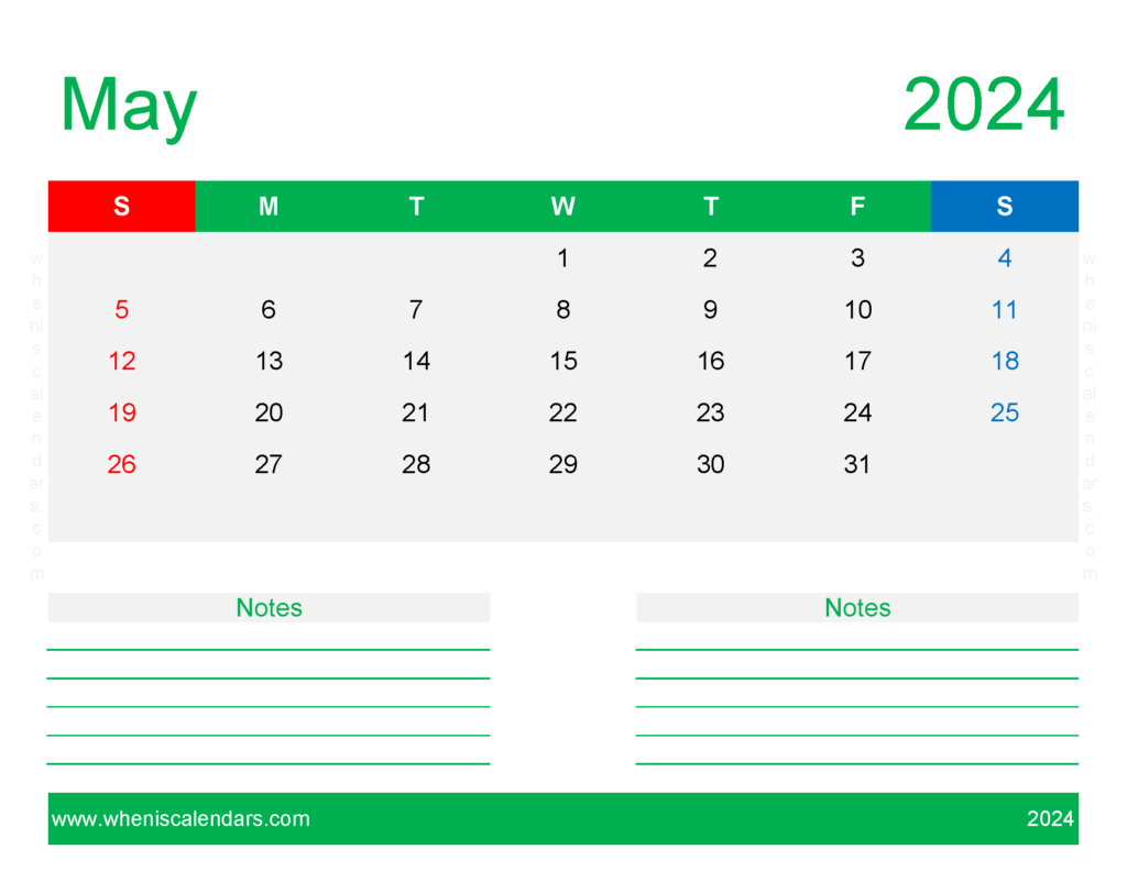 Download May 2024 Calendar Printable Word Letter Horizontal 54249