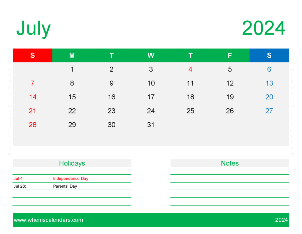 Download Free Printable Calendar Templates July 2024 Letter Horizontal 74172