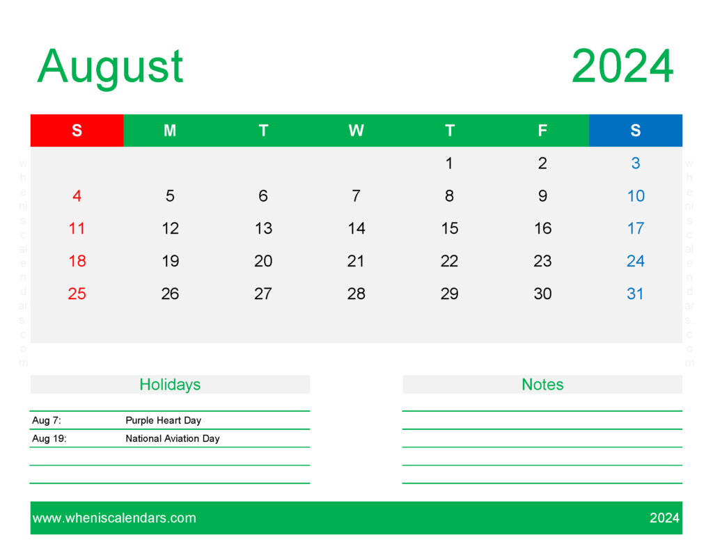 Download Free Printable Calendar Templates August 2024 Letter Horizontal 84172