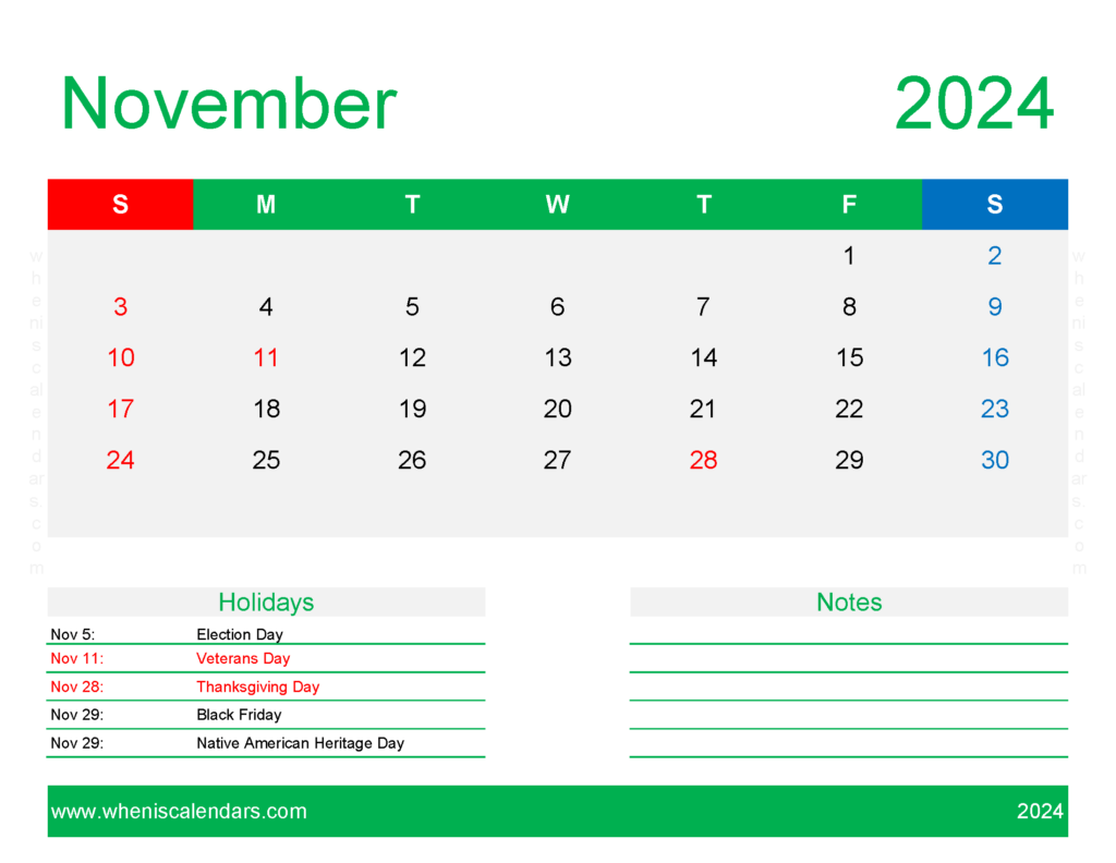 Download Free Printable Calendar Templates November 2024 Letter Horizontal 114172
