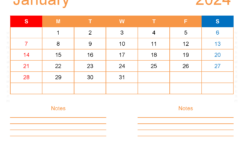 Download Blank January 2024 Calendar to print Letter Horizontal J4253