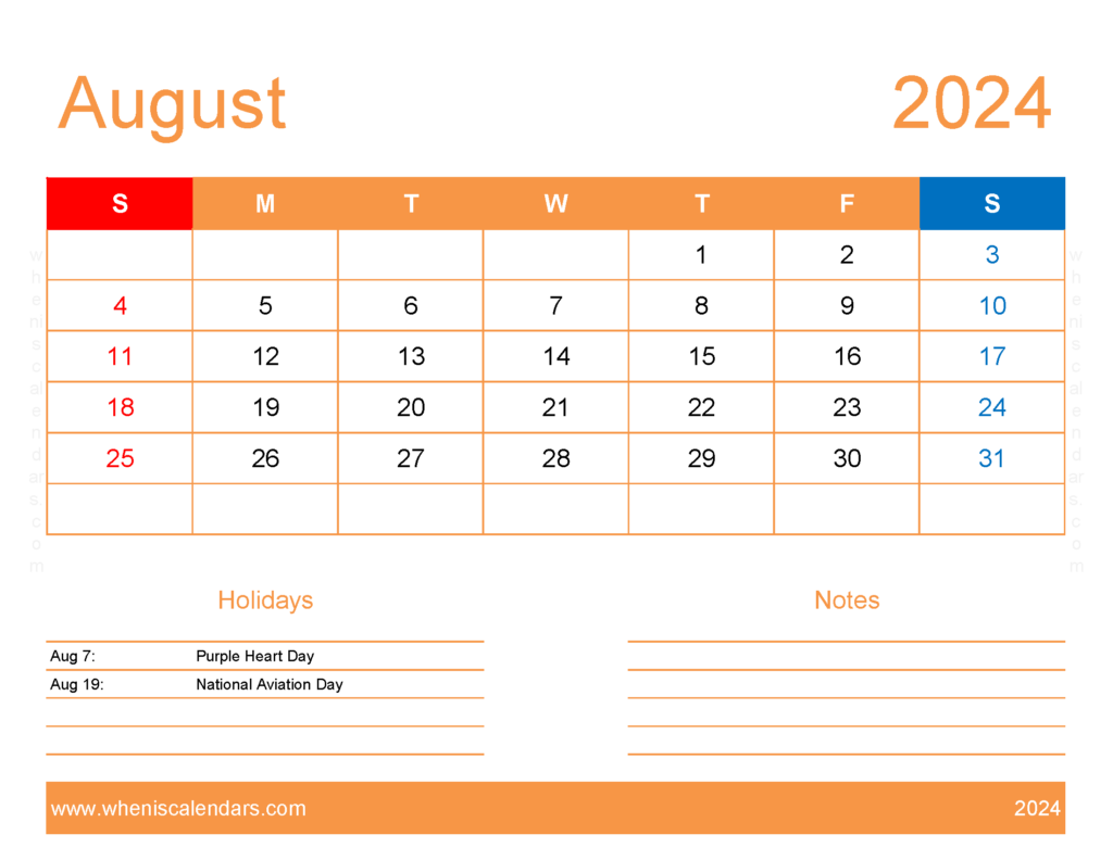 Download pdf Calendar August 2024 Letter Horizontal 84173