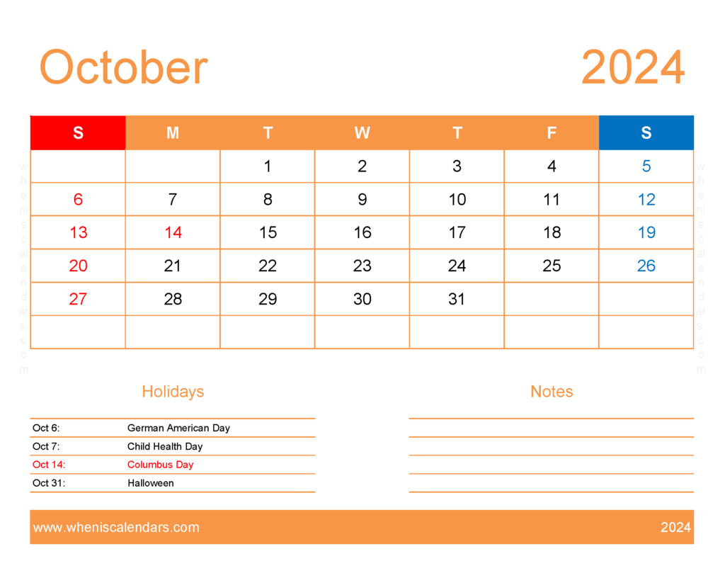 Download Free Printable October 2024 Calendar Pdf Letter Horizontal 104171