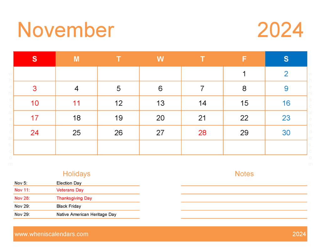 Download pdf Calendar November 2024 Letter Horizontal 114173