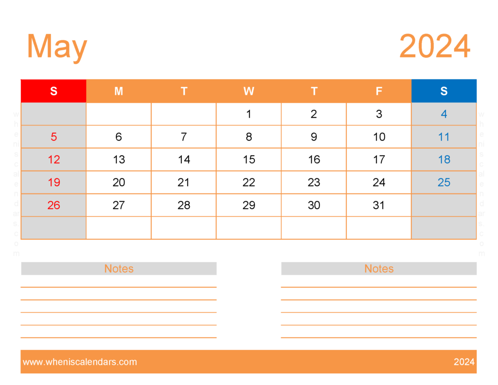 Free Printable Monthly Calendar May 2024 M5254