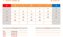 February Excel Calendar 2024 F2174