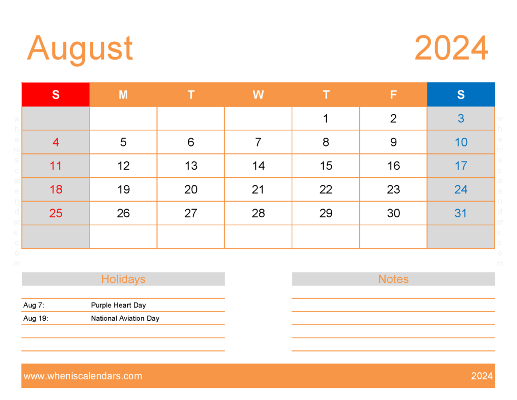 Download August Excel Calendar 2024 Letter Horizontal 84174