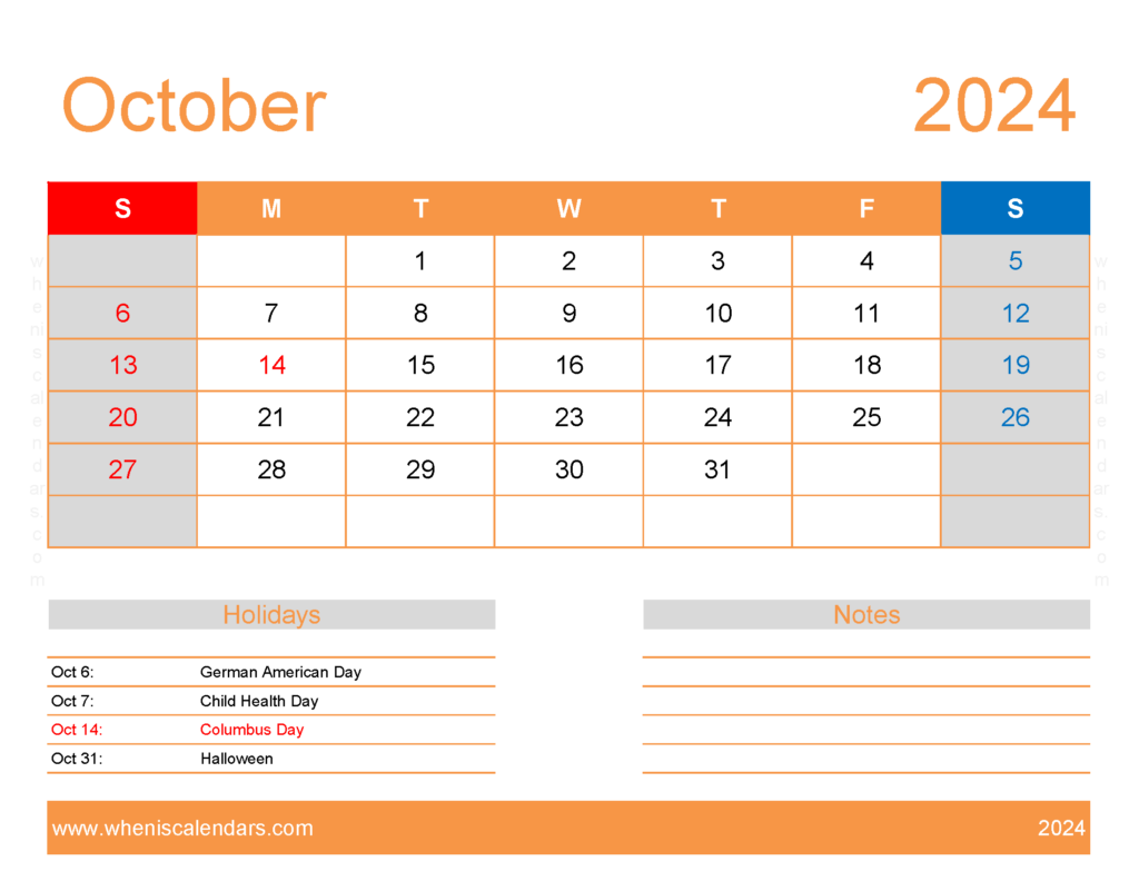 Download October Excel Calendar 2024 Letter Horizontal 104174