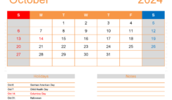 October Excel Calendar 2024 O1174