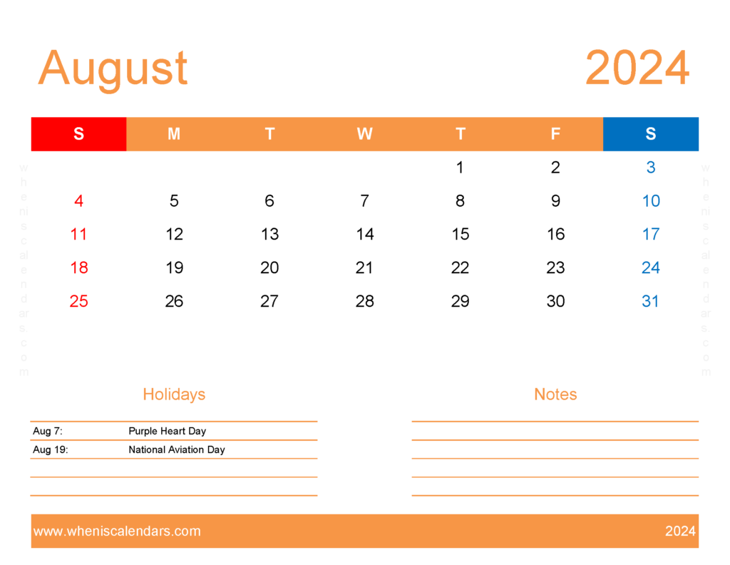 Download Printable Free August 2024 Calendar Letter Horizontal 84175