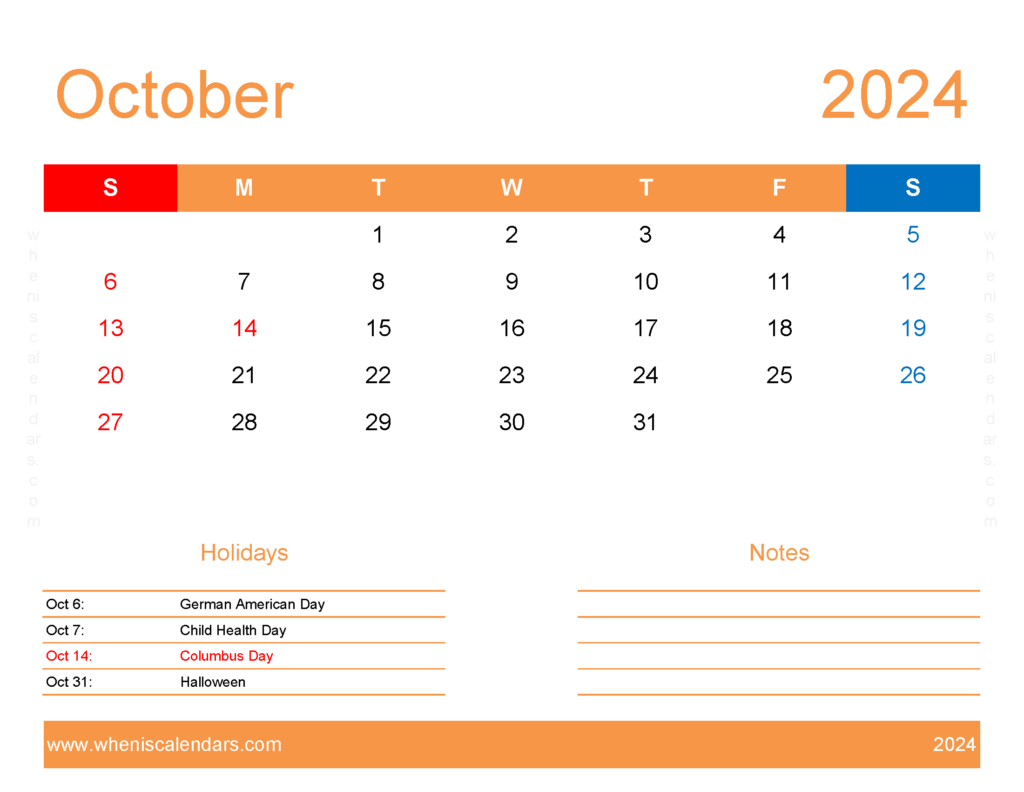 Download Printable Free October 2024 Calendar Letter Horizontal 104175