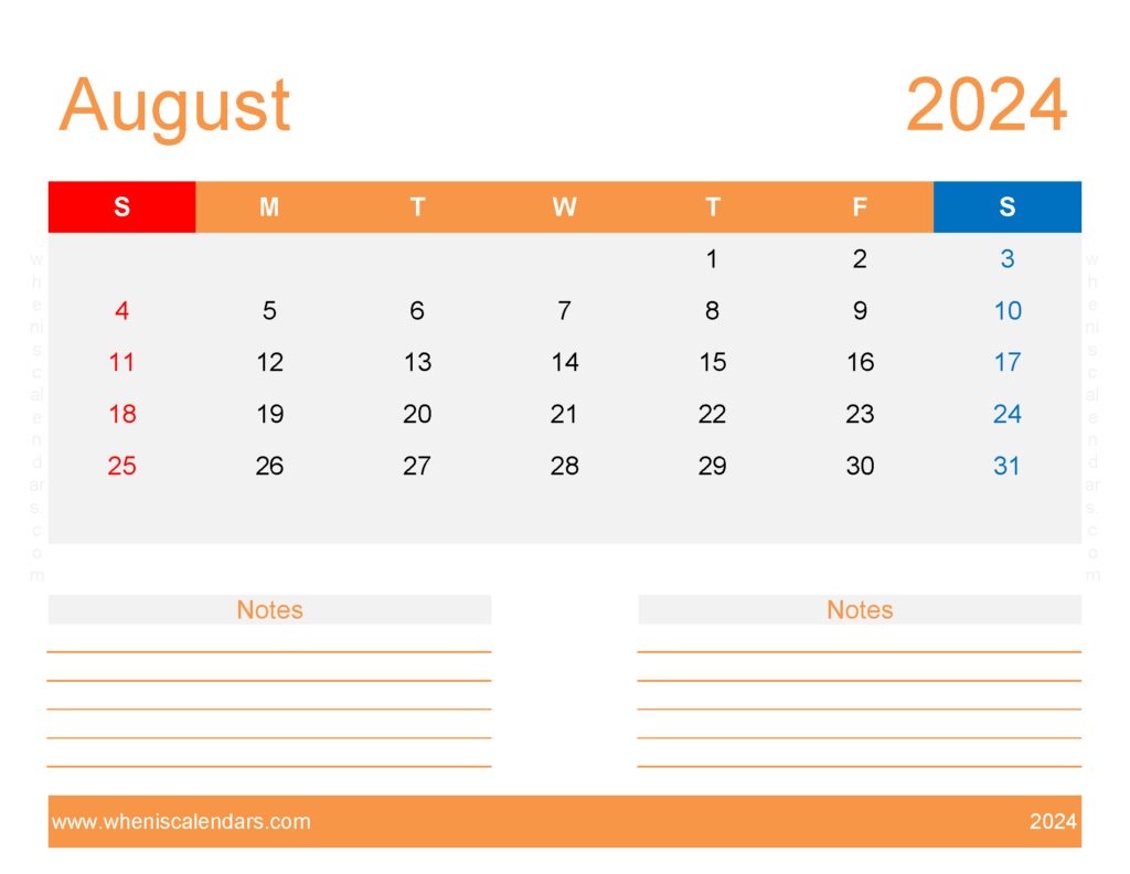 Download Blank August 2024 Calendar editable Letter Horizontal 84256