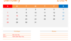 Download January 2024 Calendar excel Template Letter Horizontal J4176