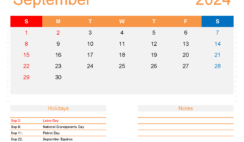 September 2024 Calendar Excel Template S9176