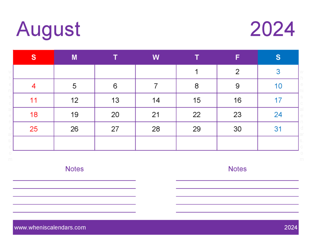 Download editable Calendar Aug 2024 Letter Horizontal 84257