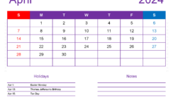 April 2024 Printable Calendar waterproof A4177