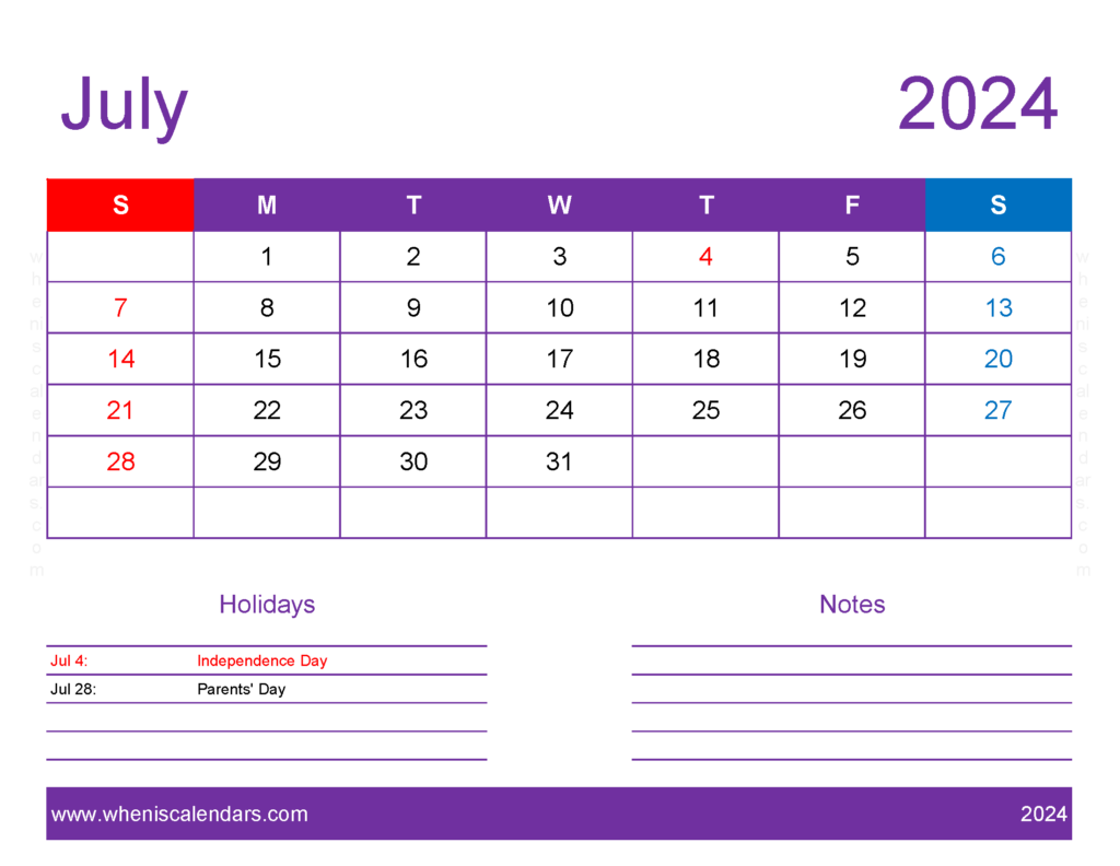 Download July 2024 Printable Calendar waterproof Letter Horizontal 74177