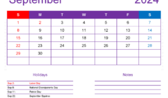 September 2024 Printable Calendar waterproof S9177