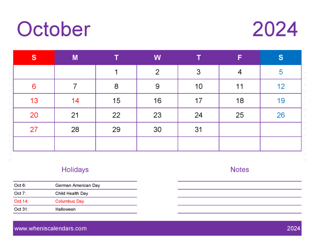 Download October 2024 Printable Calendar Waterproof Letter Horizontal