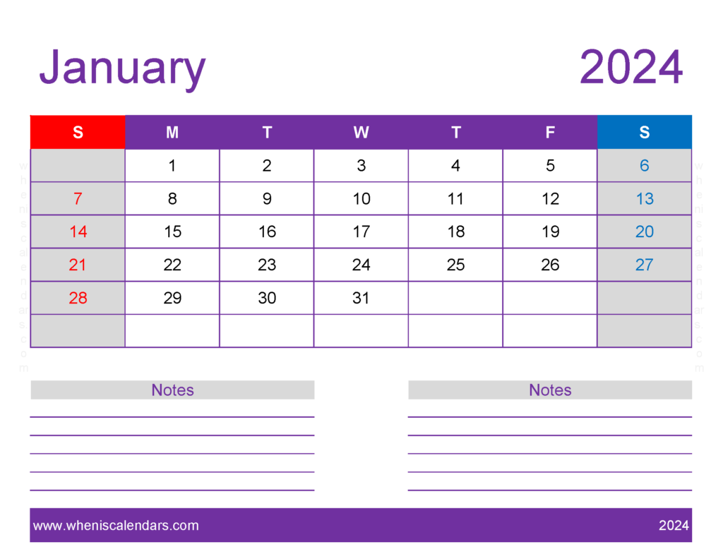 Download January 2024 monthly Calendar Template Letter Horizontal J4258