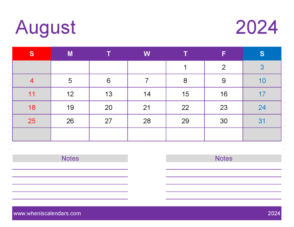 Download August 2024 monthly Calendar Template Letter Horizontal 84258