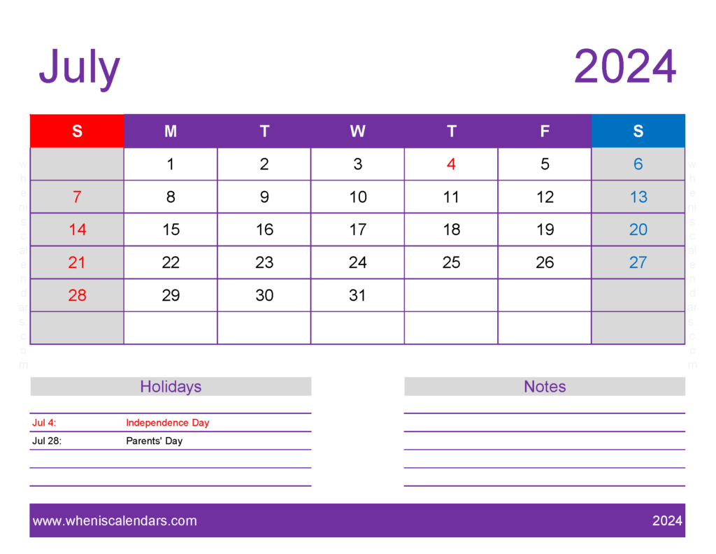 Download July 2024 Calendar Free print Letter Horizontal 74178