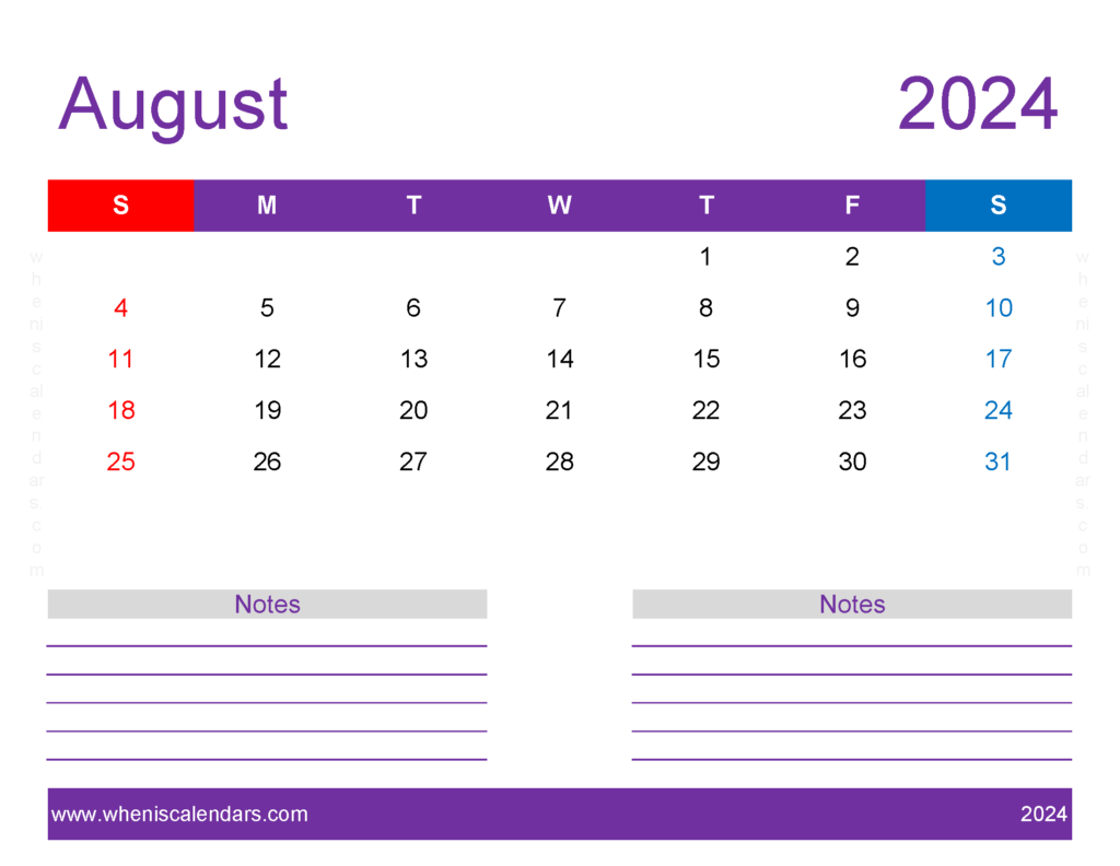 Download print Free Calendar August 2024 Letter Horizontal 84259