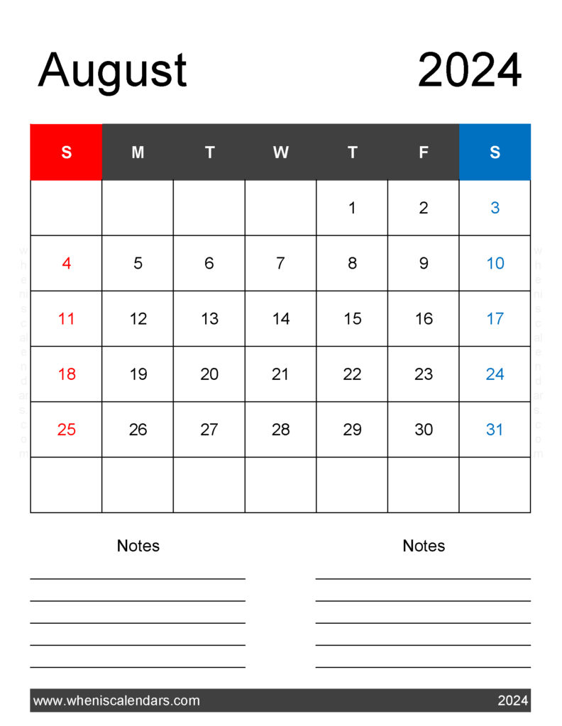 Download August 2024 Calendar page Printable Letter Vertical 84261