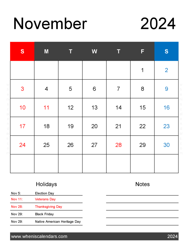Download 2024 Printable November Calendar Letter Vertical 114181