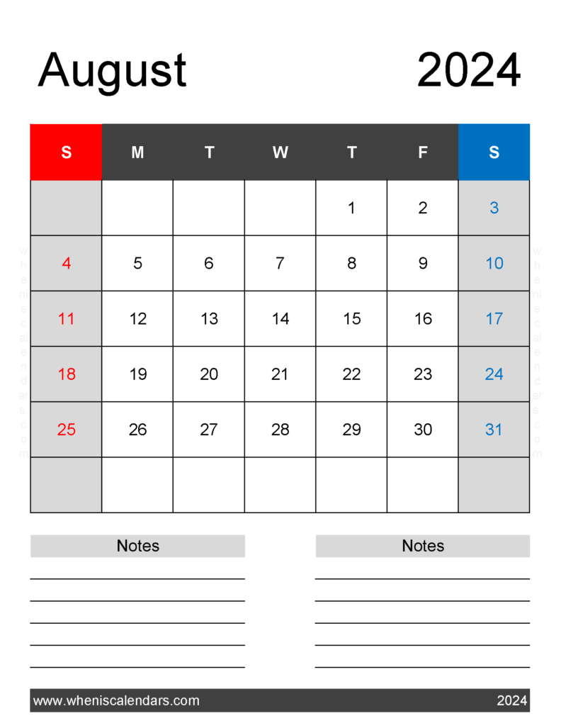 Download August 2024 Calendar Free Printable with Holidays Letter Vertical 84262